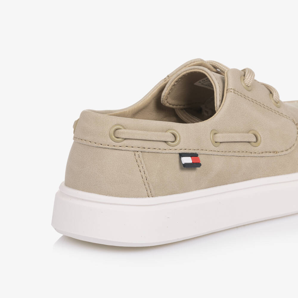 Tommy Hilfiger-Boys Beige Faux Leather Lace-Up Deck Shoes | Childrensalon