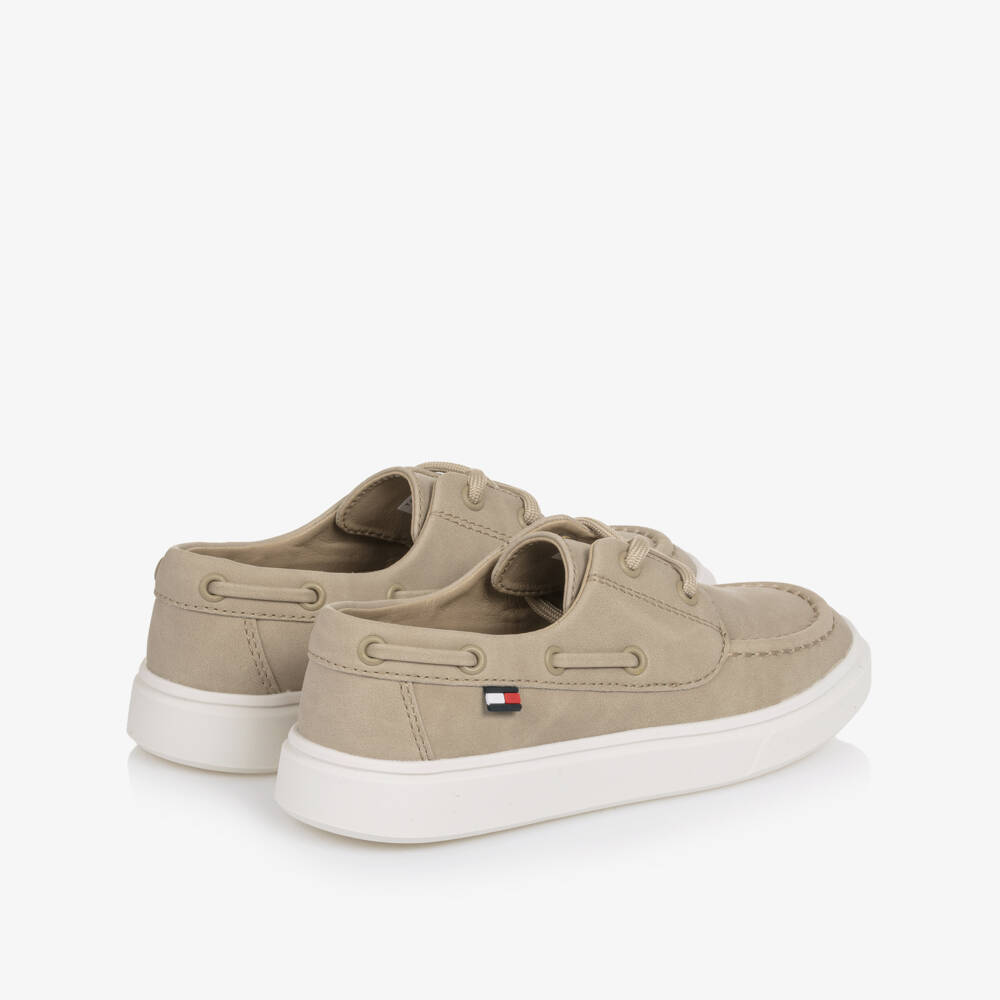Tommy Hilfiger-Boys Beige Faux Leather Lace-Up Deck Shoes | Childrensalon
