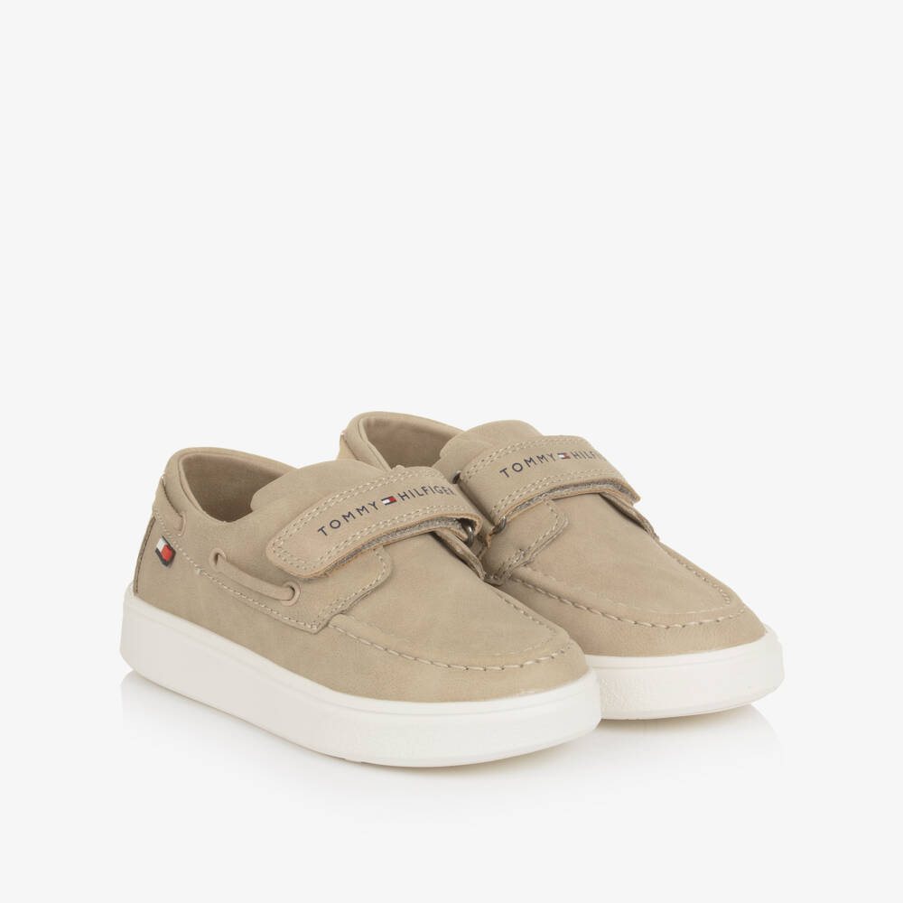 Tommy Hilfiger-Boys Beige Faux Nubuck Leather Boat Shoes | Childrensalon