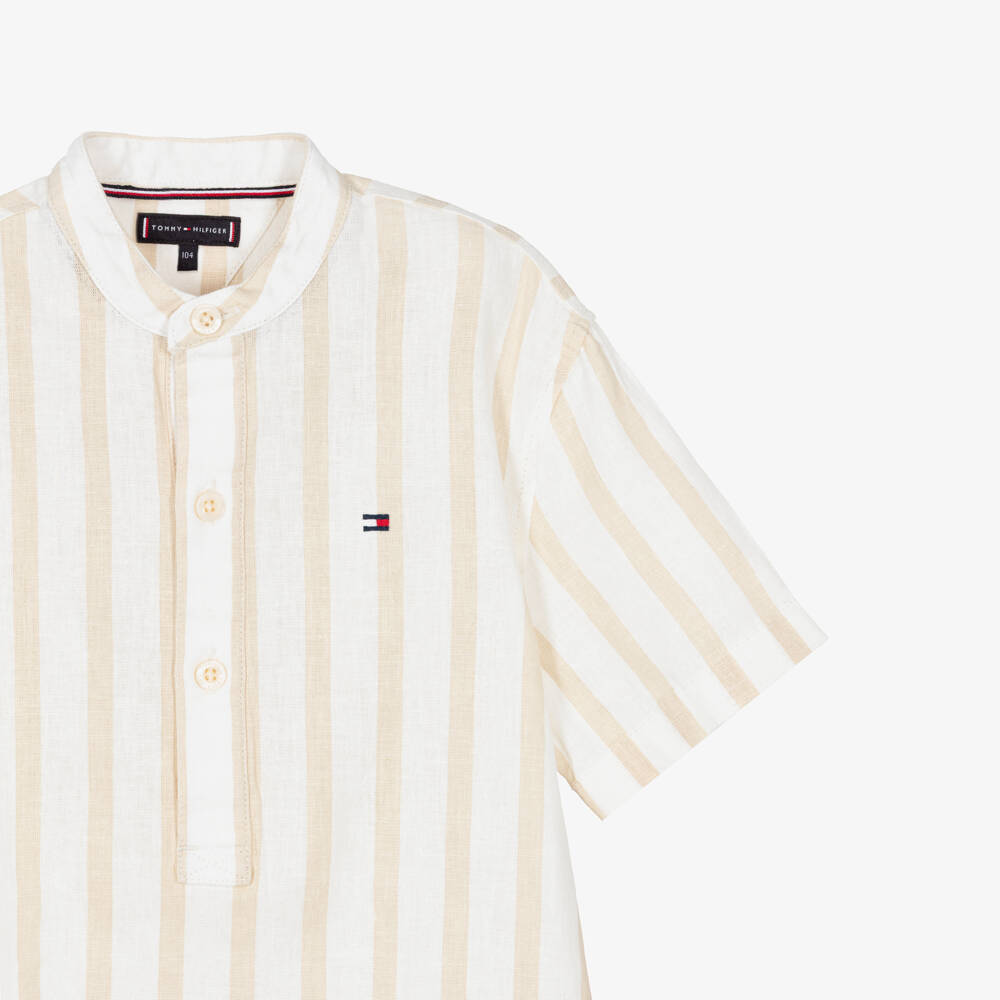Tommy Hilfiger-Boys Beige & Ivory Collarless Striped Shirt | Childrensalon