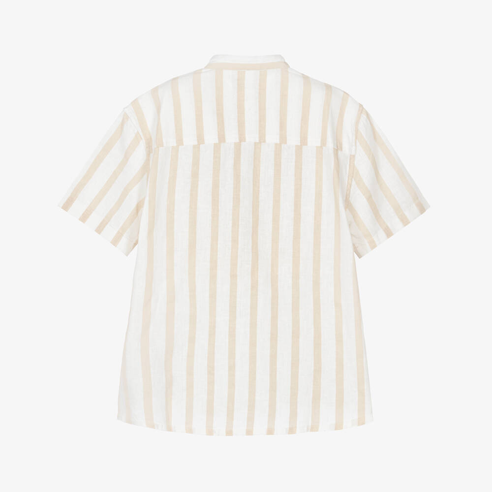 Tommy Hilfiger-Boys Beige & Ivory Collarless Striped Shirt | Childrensalon