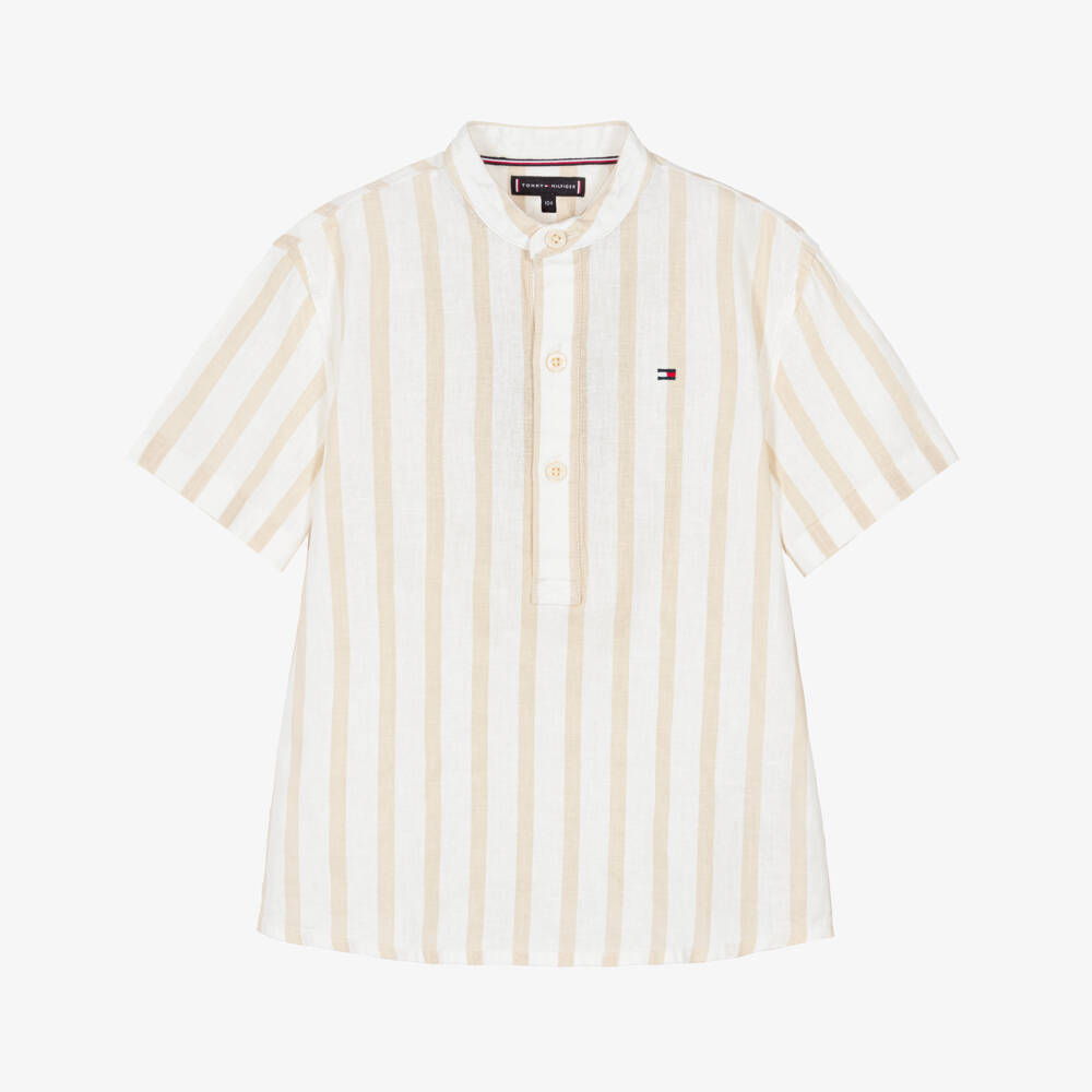 Tommy Hilfiger-Boys Beige & Ivory Collarless Striped Shirt | Childrensalon