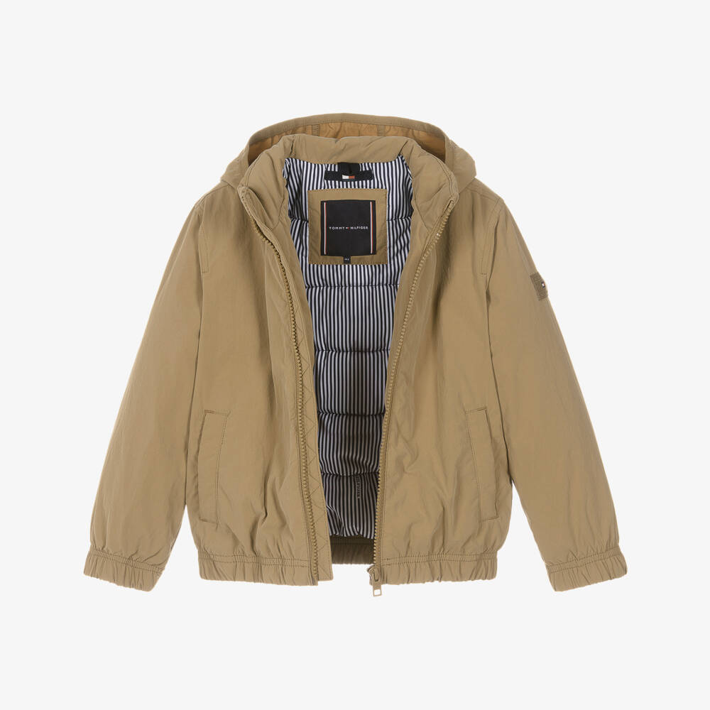 Tommy Hilfiger-Boys Beige Padded Hooded Zip-Up Jacket | Childrensalon