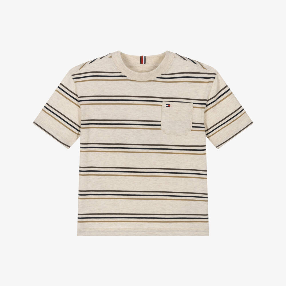 Tommy Hilfiger-Boys Beige Striped Cotton T-Shirt | Childrensalon