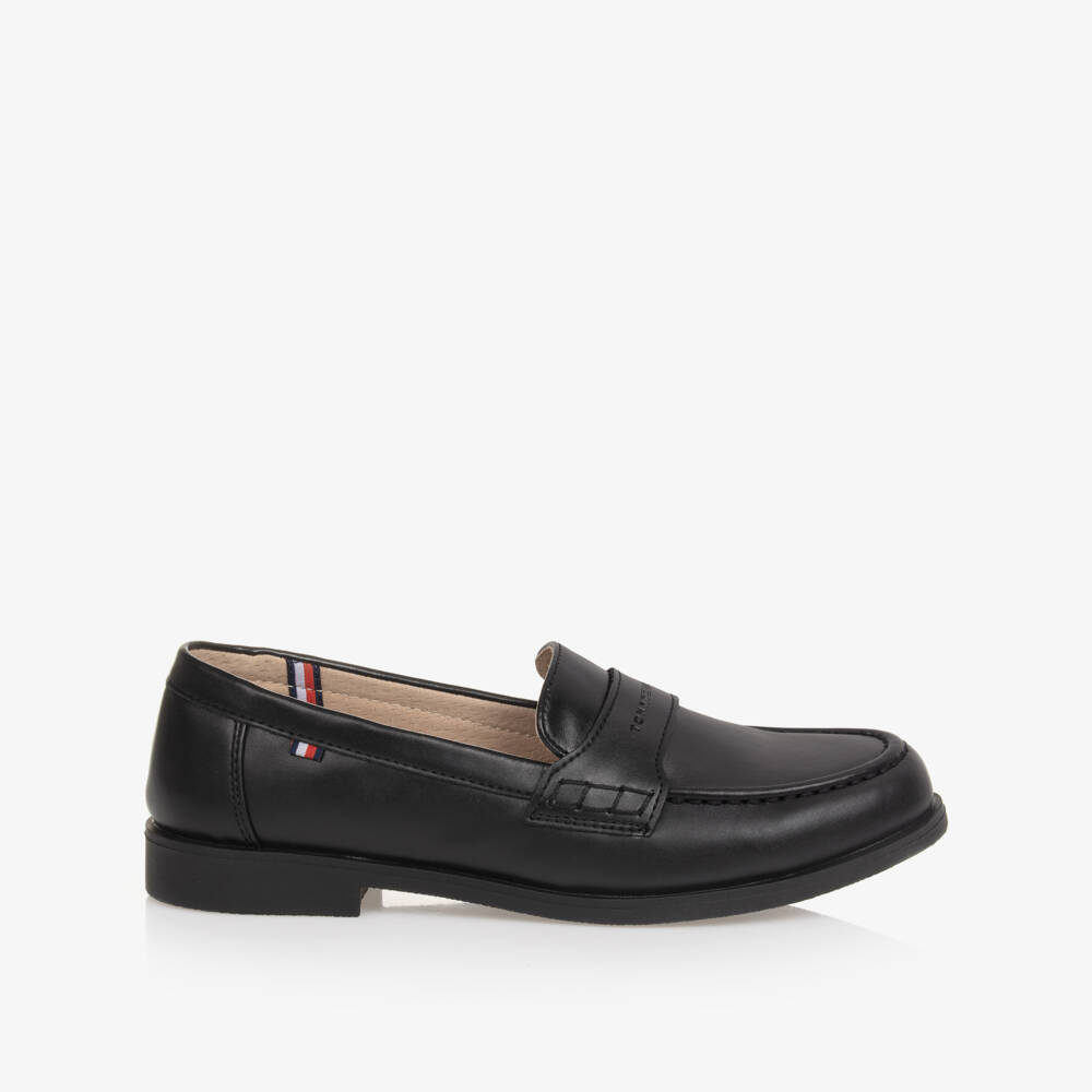 Tommy Hilfiger-Boys Black Faux Leather Loafers | Childrensalon