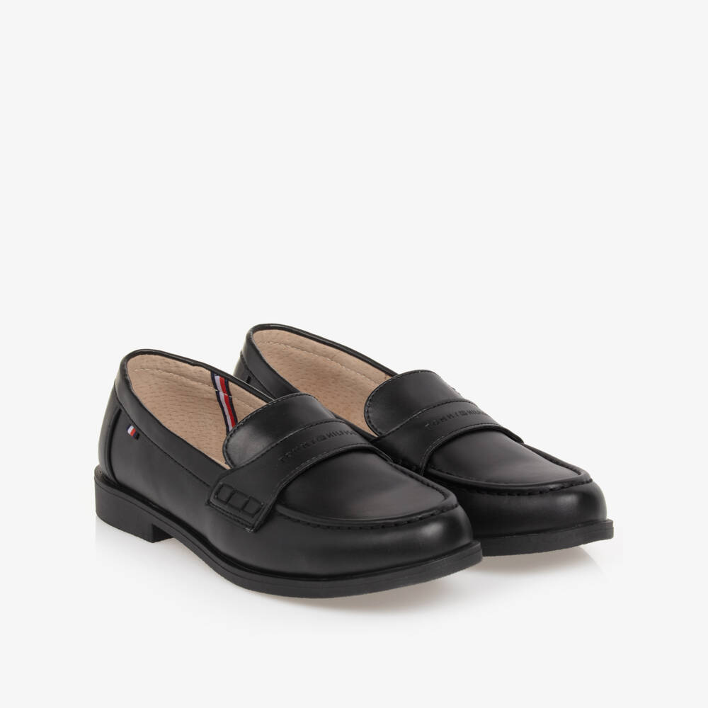 Tommy Hilfiger-Boys Black Faux Leather Loafers | Childrensalon