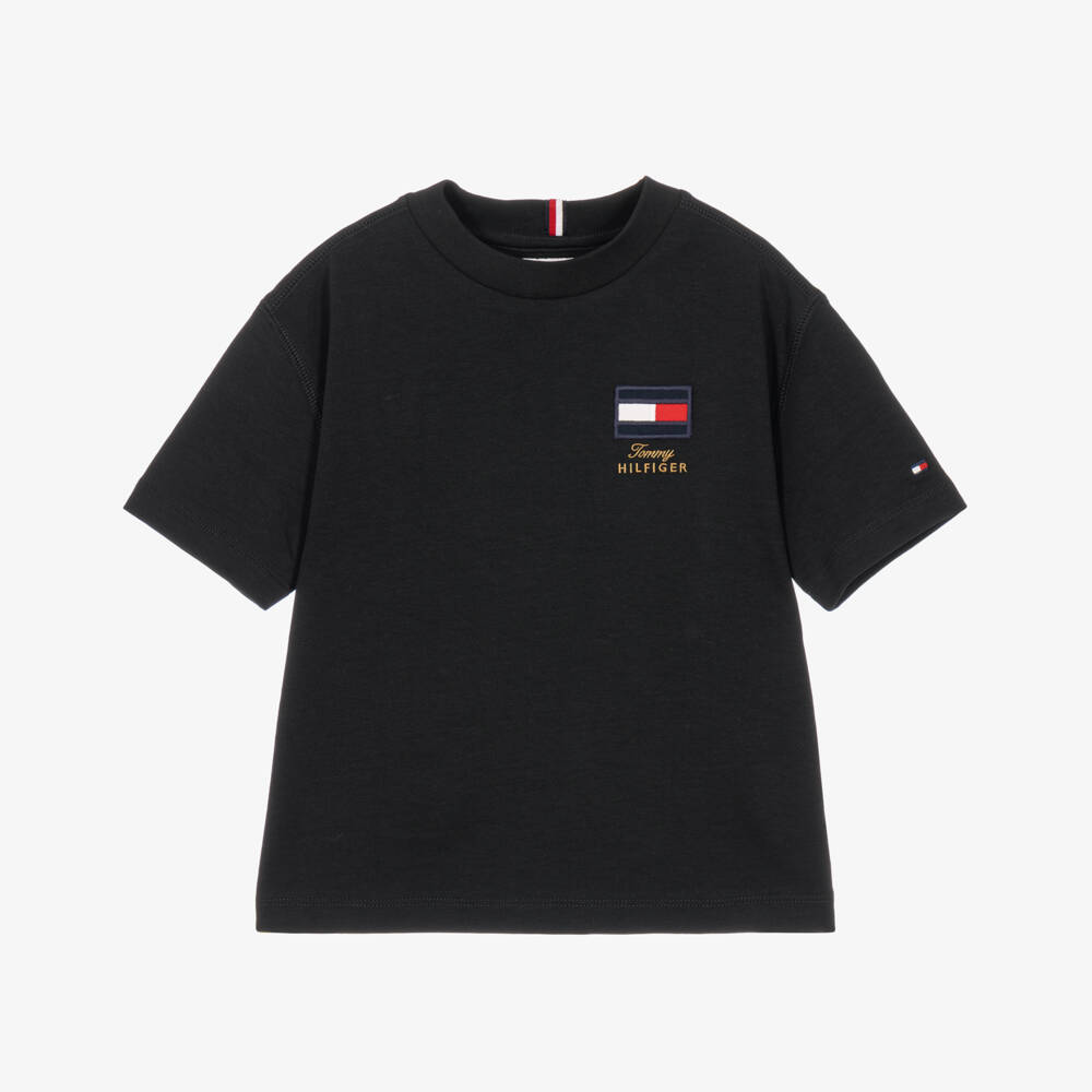 Tommy Hilfiger-Boys Black T-Shirt with Patch Logo | Childrensalon