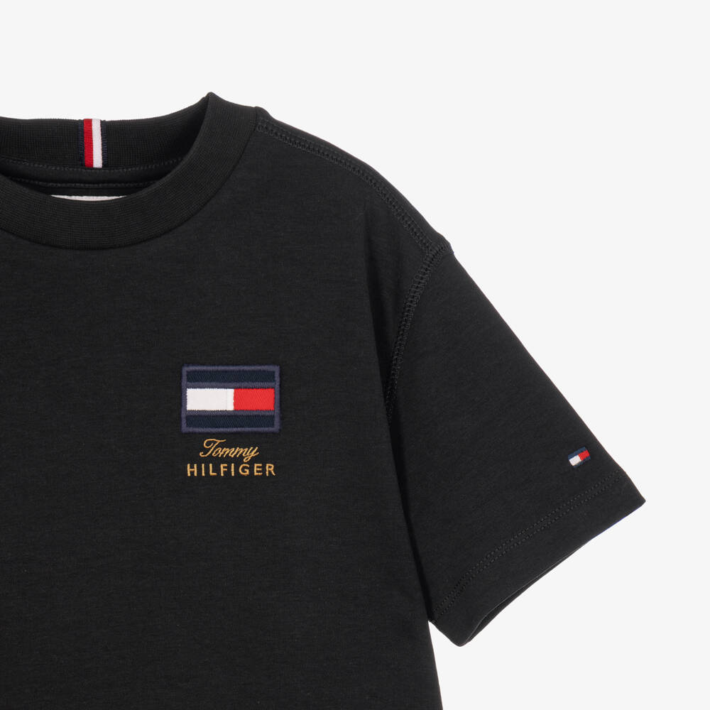 Tommy Hilfiger-Boys Black T-Shirt with Patch Logo | Childrensalon