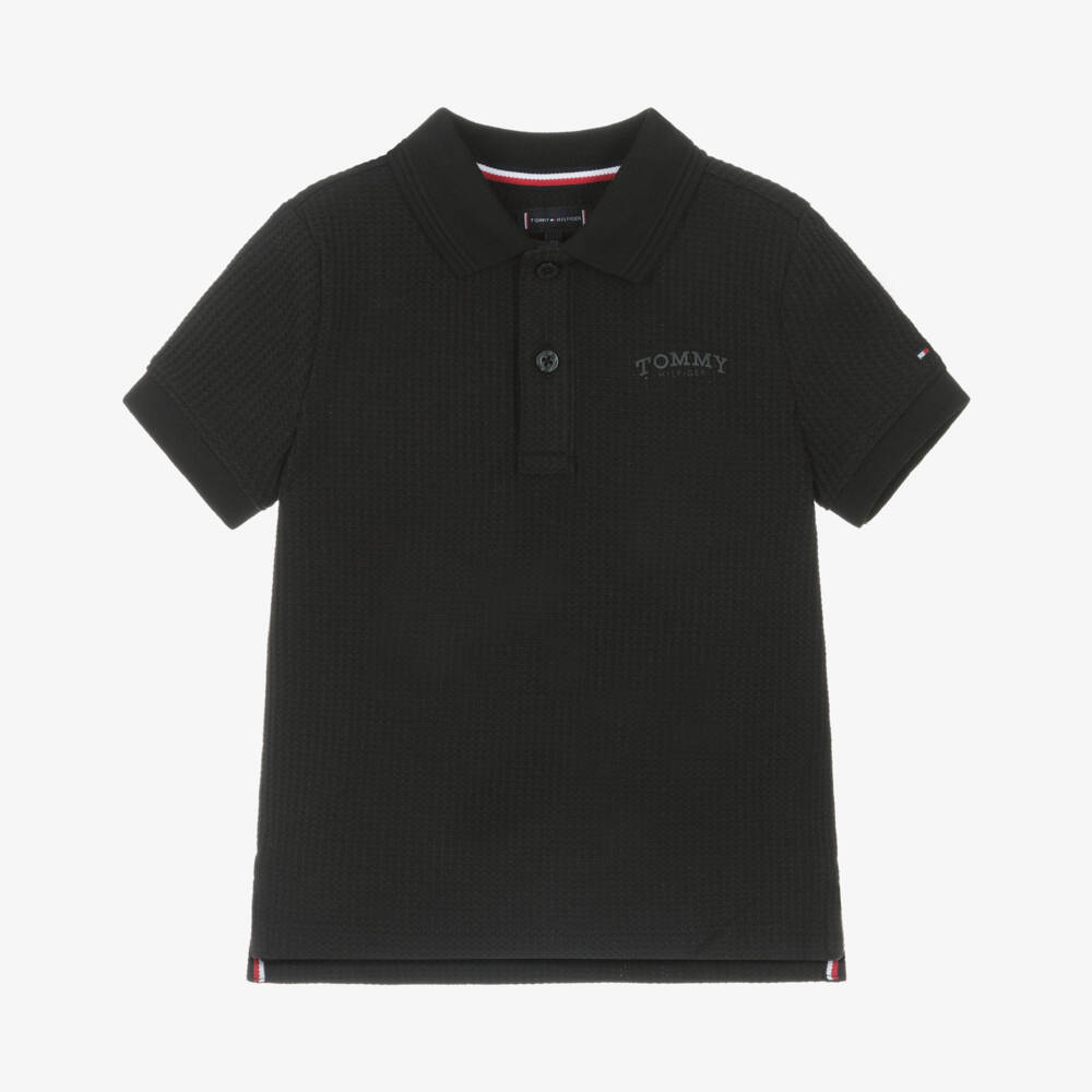 Tommy Hilfiger-Boys Black Waffle Texture Polo Shirt | Childrensalon