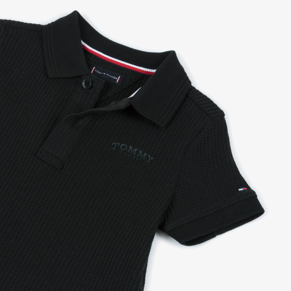 Tommy Hilfiger-Boys Black Waffle Texture Polo Shirt | Childrensalon