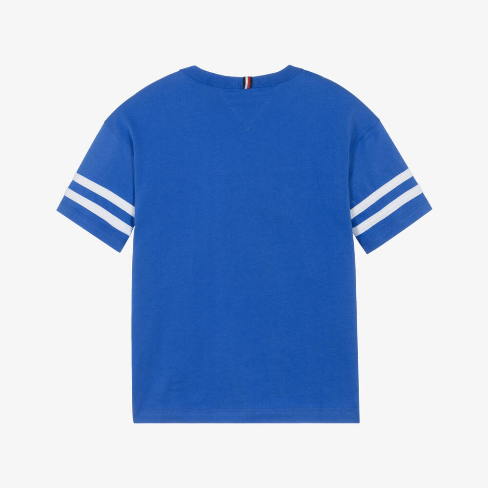 Tommy Hilfiger-Boys Blue Cotton Jersey T-Shirt with White Stripe Trim | Childrensalon