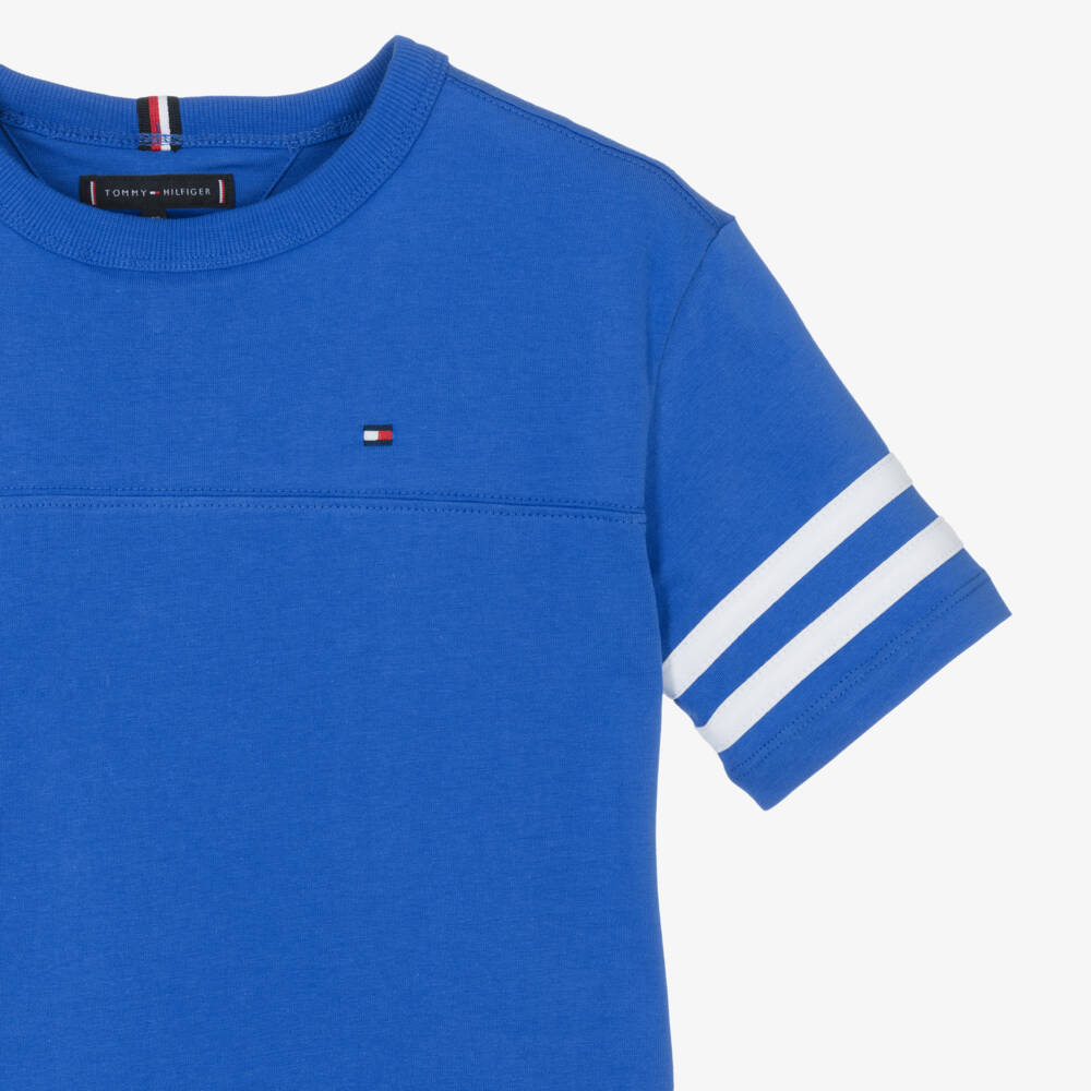 Tommy Hilfiger-Boys Blue Cotton Jersey T-Shirt with White Stripe Trim | Childrensalon