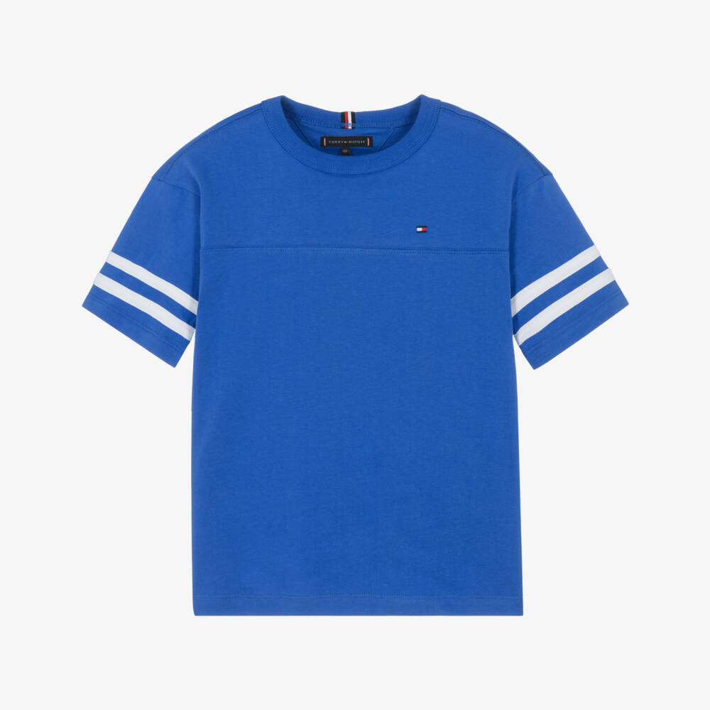 Tommy Hilfiger-Boys Blue Cotton Jersey T-Shirt with White Stripe Trim | Childrensalon