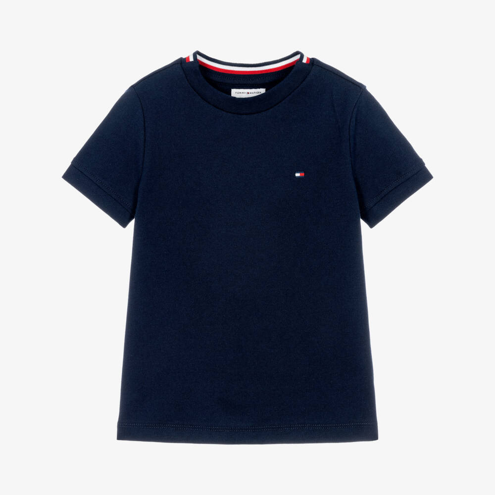 Tommy Hilfiger-Boys Blue Cotton Piqué T-Shirt with Signature Tape Detail | Childrensalon