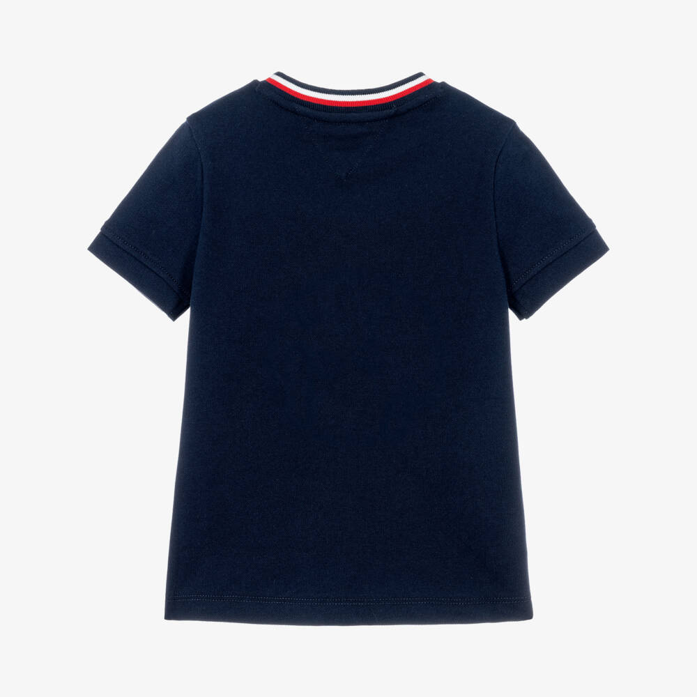 Tommy Hilfiger-Boys Blue Cotton Piqué T-Shirt with Signature Tape Detail | Childrensalon