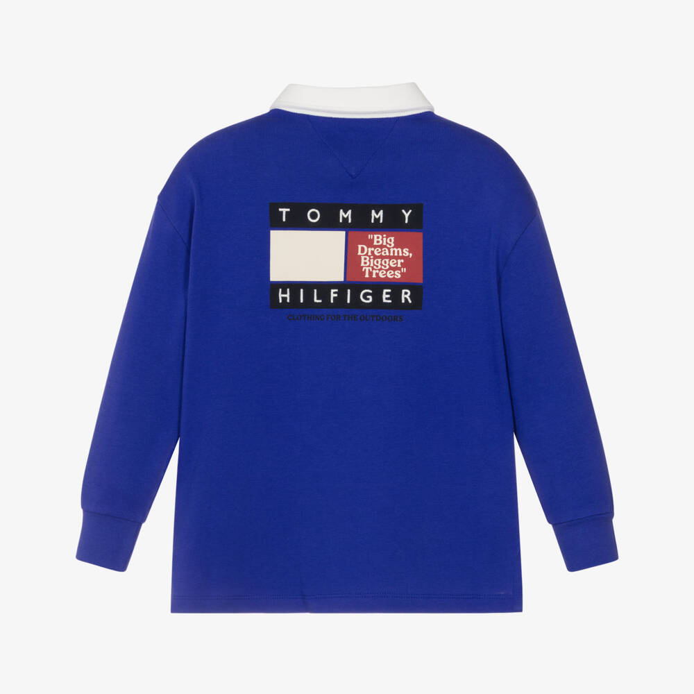 Tommy Hilfiger-Boys Blue Cotton Polo Shirt with Multiple Logos | Childrensalon