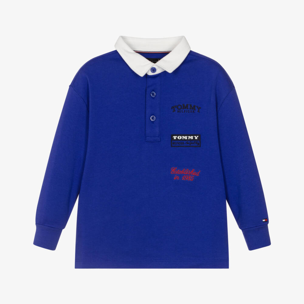 Tommy Hilfiger-Boys Blue Cotton Polo Shirt with Multiple Logos | Childrensalon