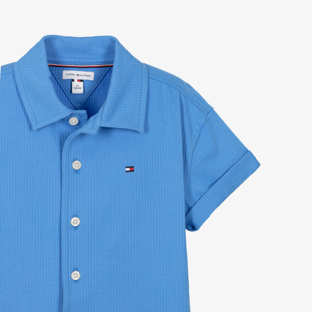Tommy Hilfiger-Boys Blue Cotton Seersucker Jersey Shirt | Childrensalon