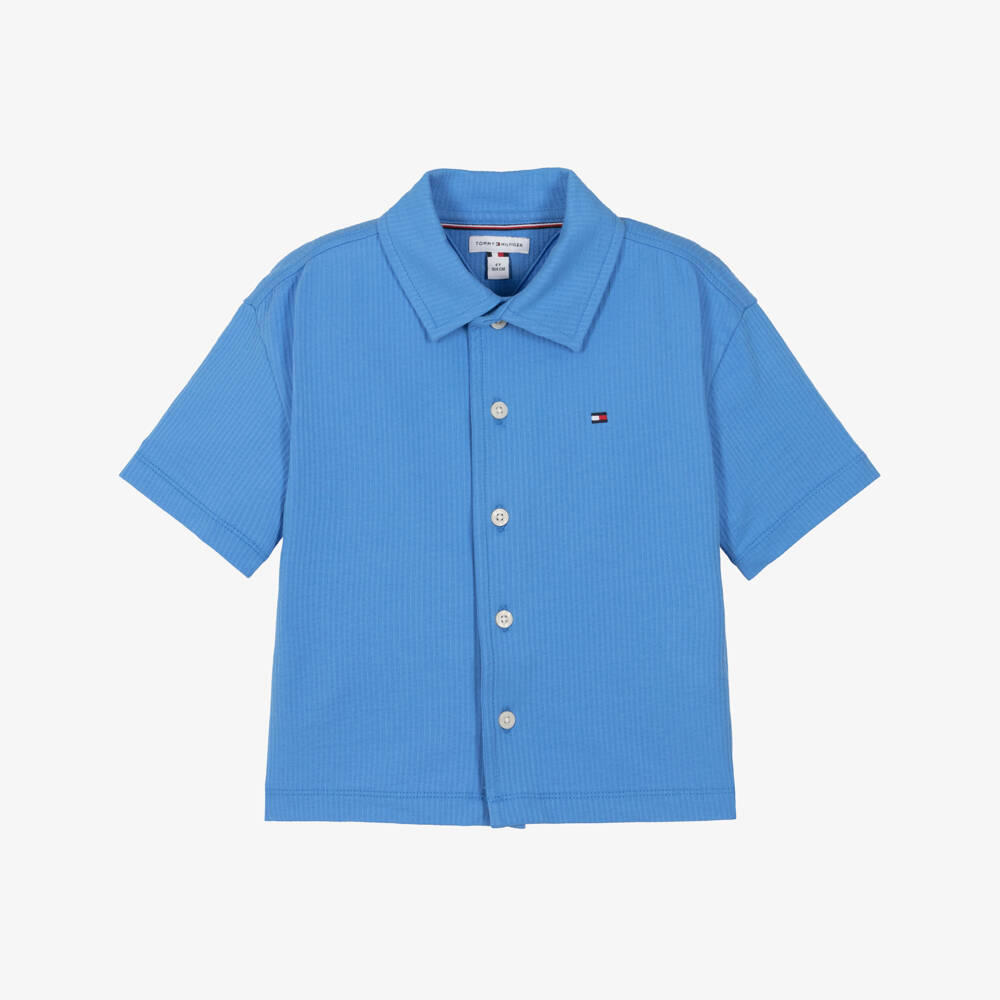 Tommy Hilfiger-Boys Blue Cotton Seersucker Jersey Shirt | Childrensalon