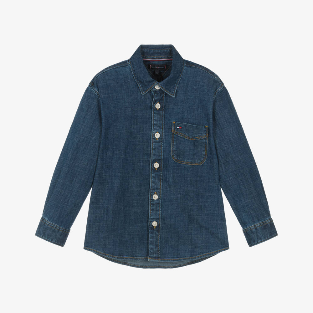 Tommy Hilfiger-Boys Blue Denim Look Chambray Shirt | Childrensalon