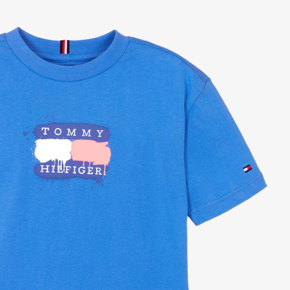 Tommy Hilfiger-Boys Blue Graffiti Flag Logo Cotton T-Shirt | Childrensalon