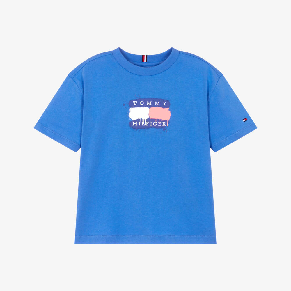 Tommy Hilfiger-Boys Blue Graffiti Flag Logo Cotton T-Shirt | Childrensalon