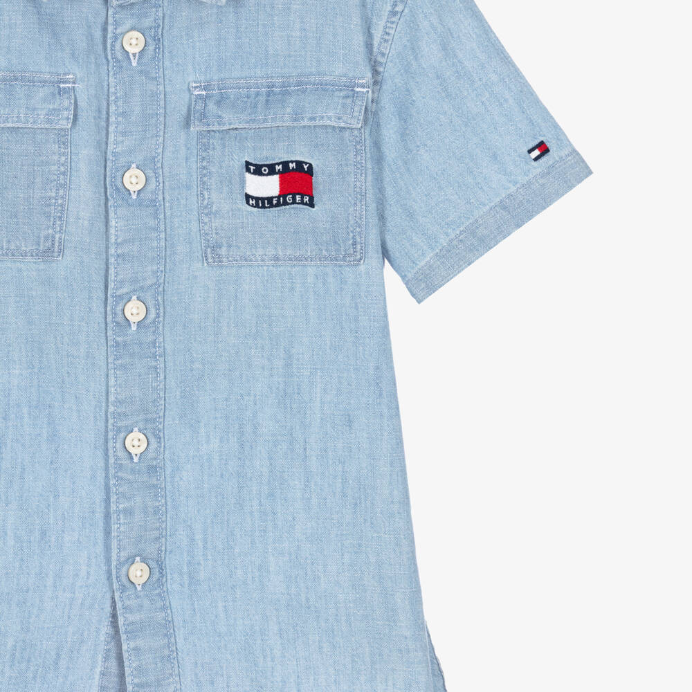 Tommy Hilfiger-Boys Blue Herringbone Weave Chambray Shirt | Childrensalon
