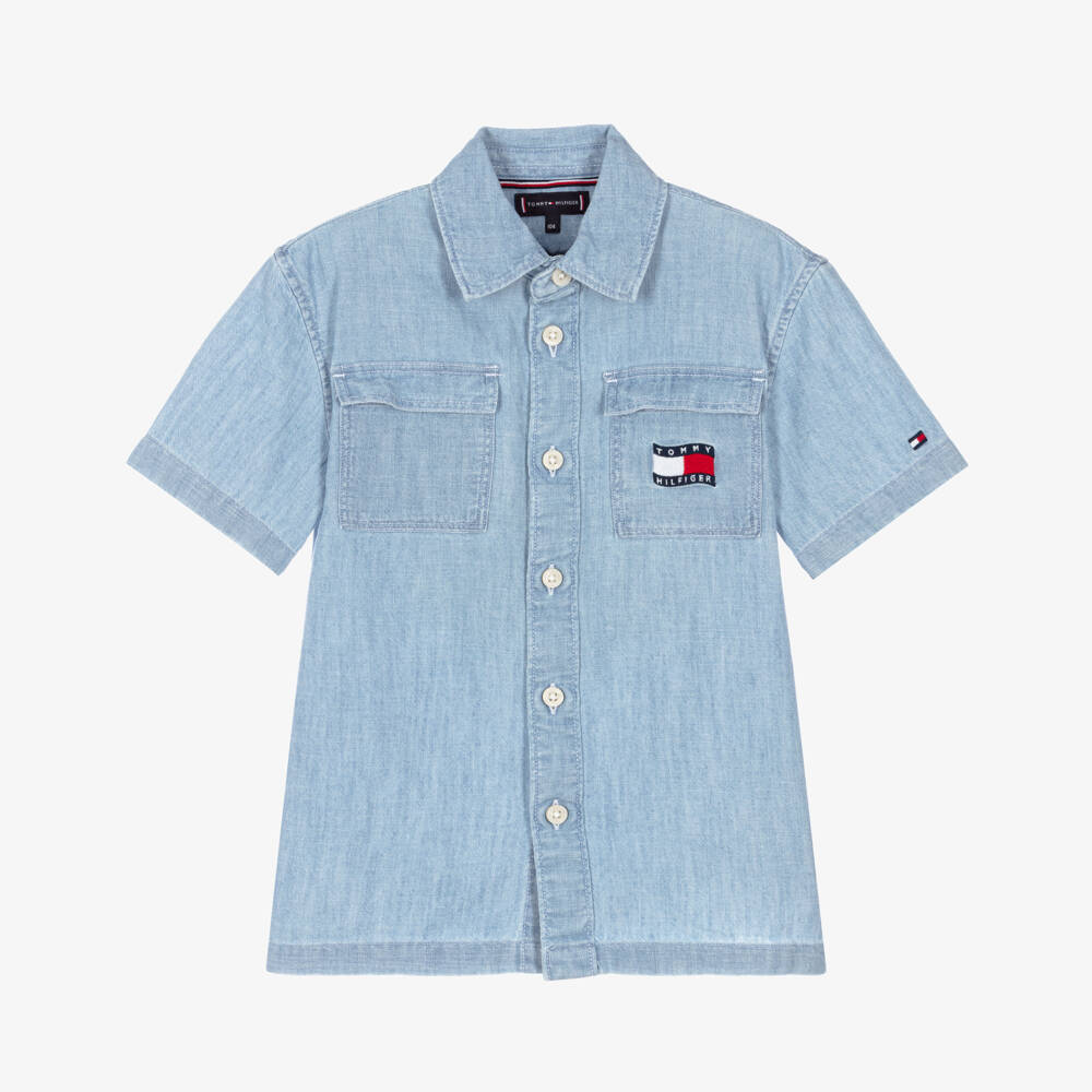 Tommy Hilfiger-Boys Blue Herringbone Weave Chambray Shirt | Childrensalon