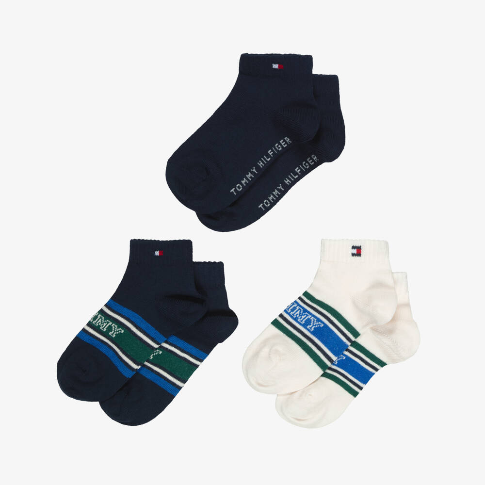 Tommy Hilfiger-Boys Blue & Ivory Logo Trainer Socks (3 Pack) | Childrensalon