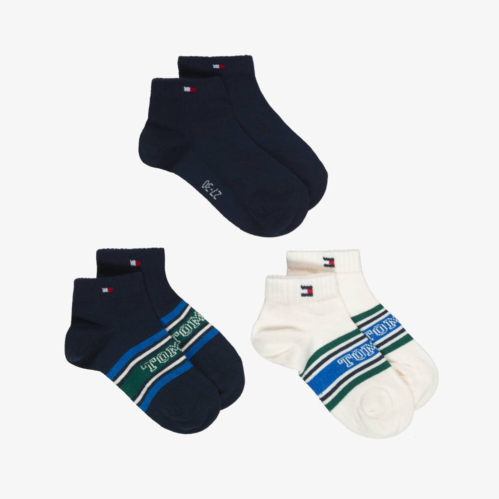 Tommy Hilfiger-Boys Blue & Ivory Logo Trainer Socks (3 Pack) | Childrensalon