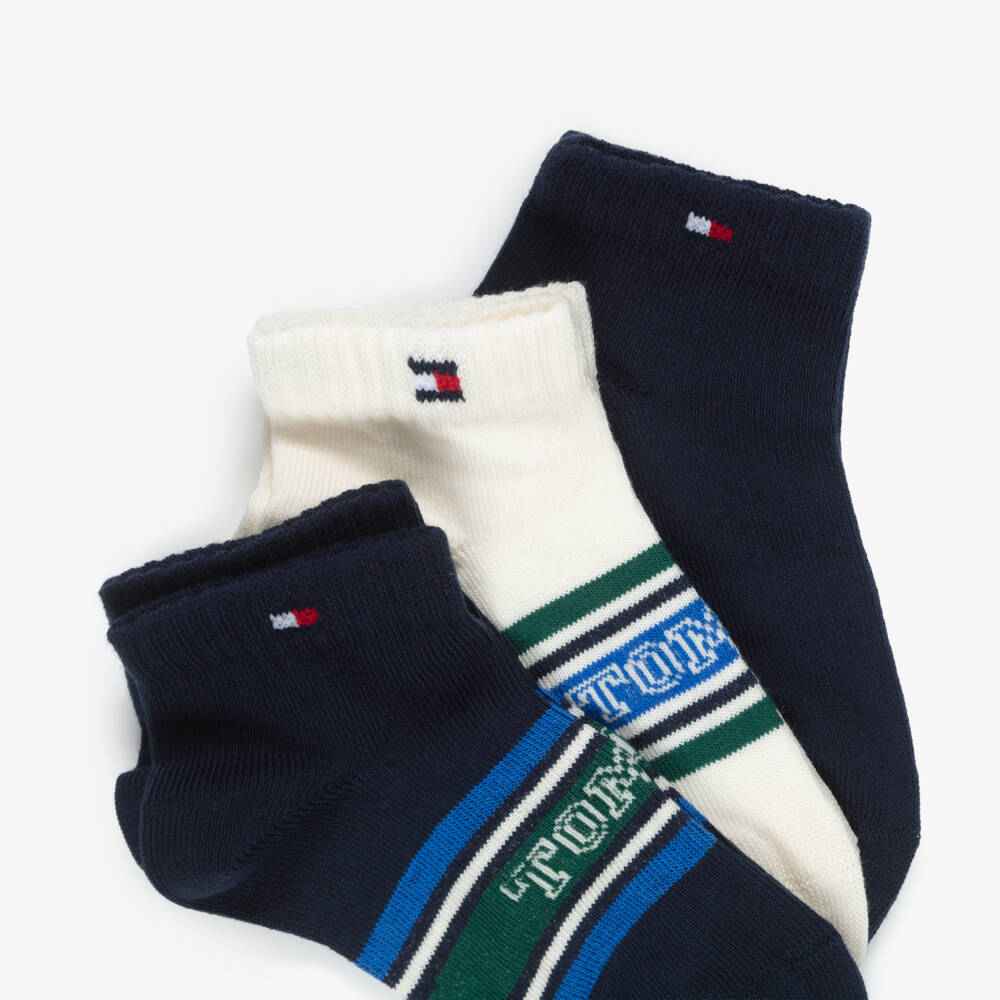 Tommy Hilfiger-Boys Blue & Ivory Logo Trainer Socks (3 Pack) | Childrensalon