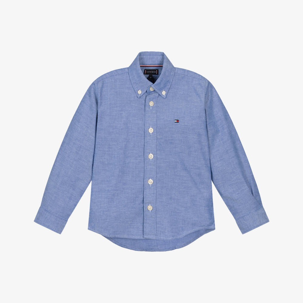 Tommy Hilfiger-Boys Blue Oxford Cotton Shirt with Flag Logo | Childrensalon