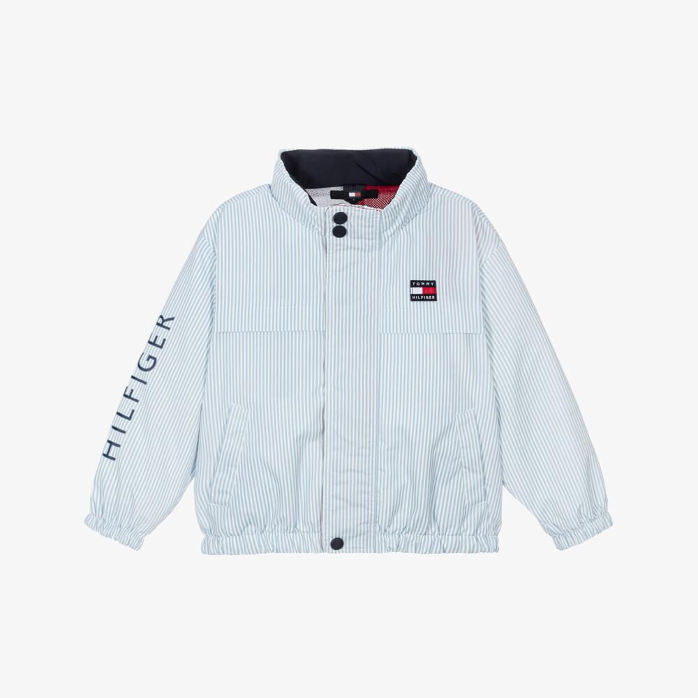 Tommy Hilfiger-Boys Blue Striped Jacket with Pack-Away Hood | Childrensalon