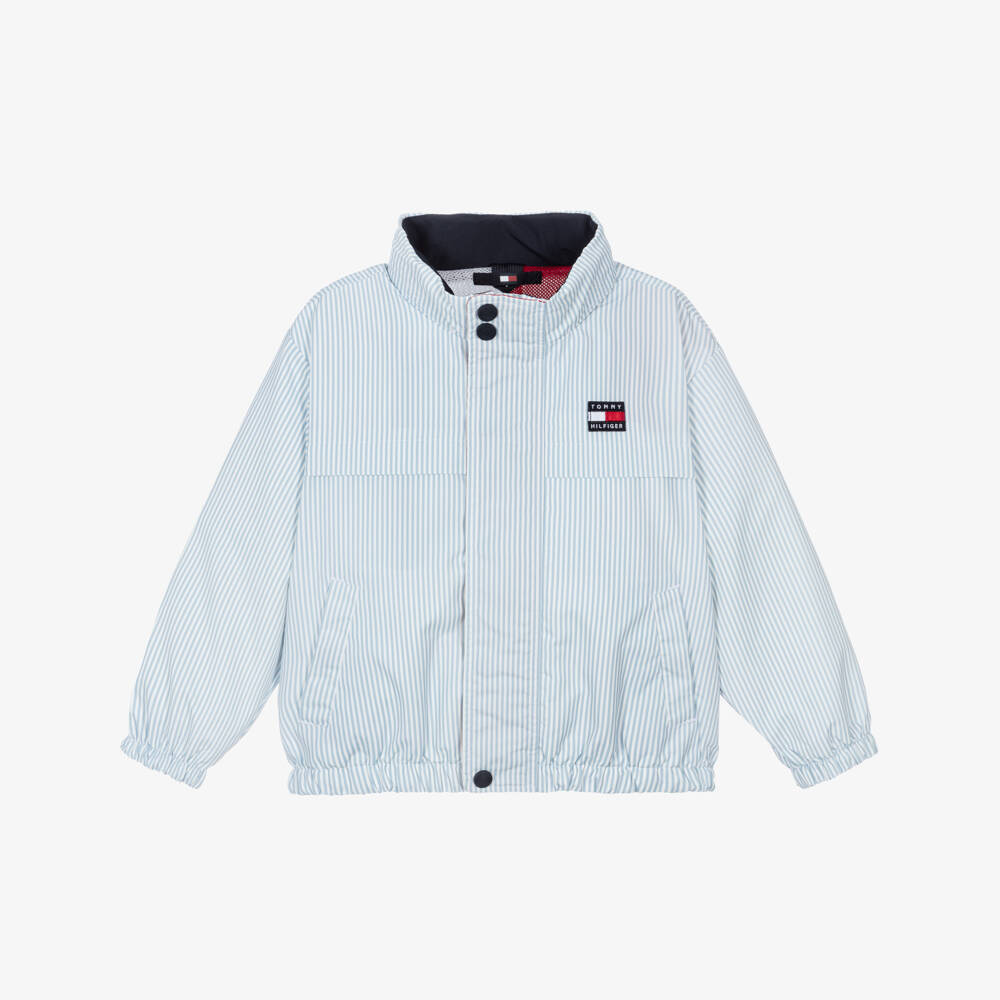 Tommy Hilfiger-Boys Blue Striped Jacket with Pack-Away Hood | Childrensalon