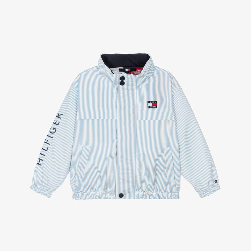 Tommy Hilfiger-Boys Blue Striped Jacket with Pack-Away Hood | Childrensalon