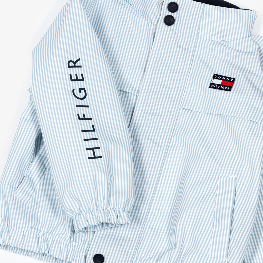 Tommy Hilfiger-Boys Blue Striped Jacket with Pack-Away Hood | Childrensalon