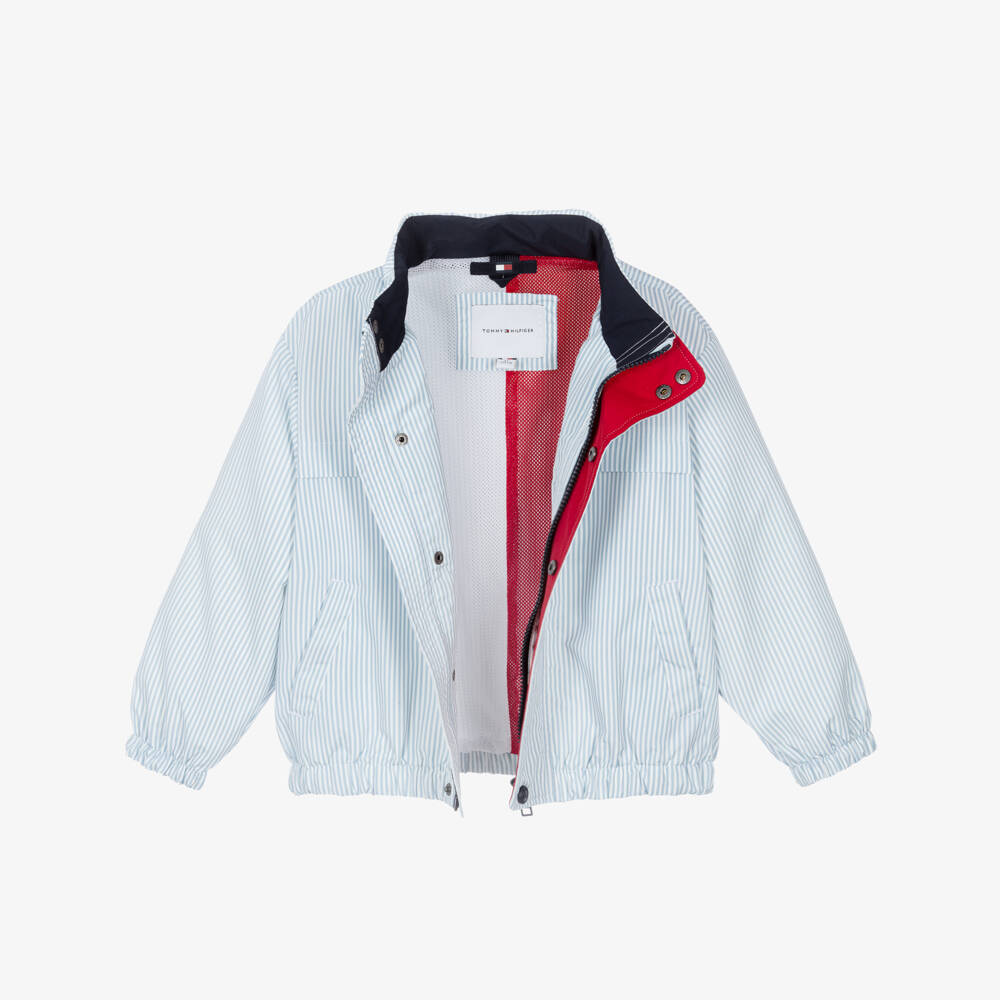 Tommy Hilfiger-Boys Blue Striped Jacket with Pack-Away Hood | Childrensalon