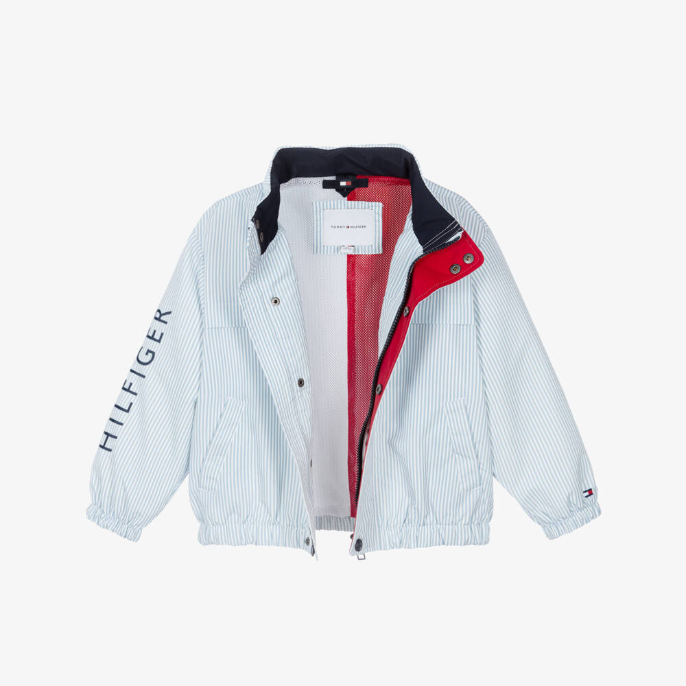 Tommy Hilfiger-Boys Blue Striped Jacket with Pack-Away Hood | Childrensalon