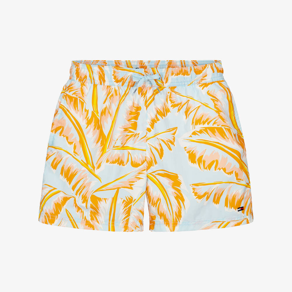 Tommy Hilfiger-Boys Blue Swim Shorts with Orange Leaf Print | Childrensalon