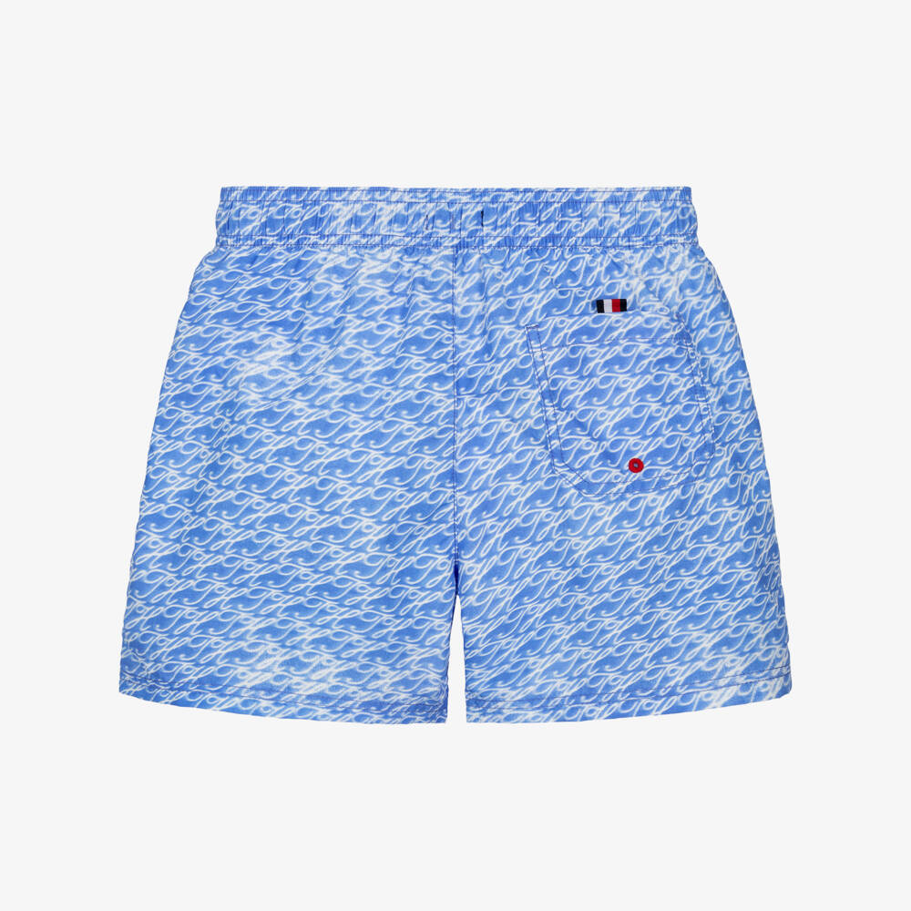 Tommy Hilfiger-Boys Blue Swim Shorts with White Logo Print | Childrensalon