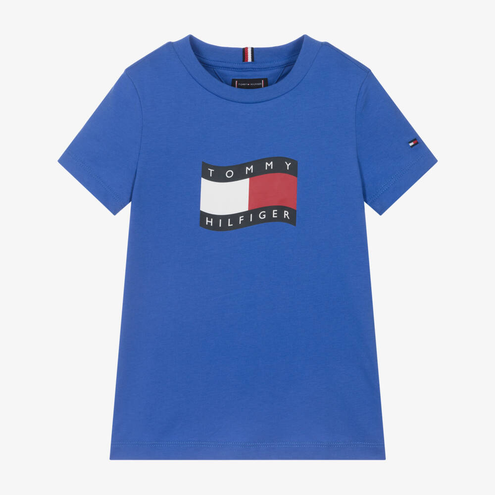 Tommy Hilfiger-Boys Blue Wavy Flag Logo Cotton T-Shirt | Childrensalon