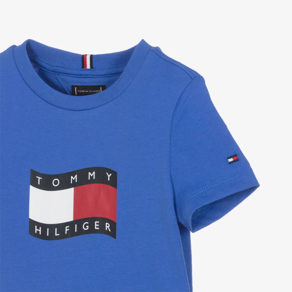 Tommy Hilfiger-Boys Blue Wavy Flag Logo Cotton T-Shirt | Childrensalon