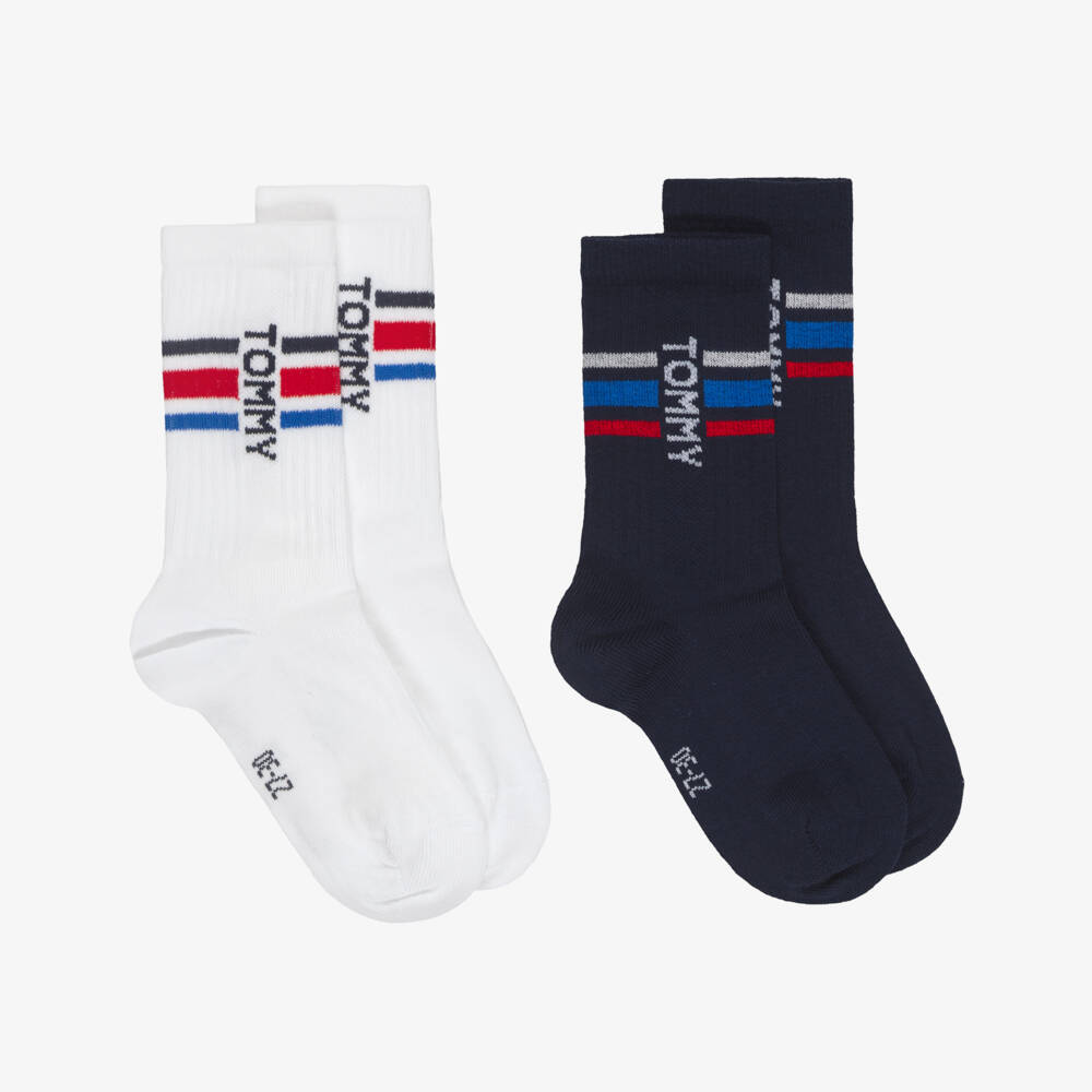 Tommy Hilfiger-Boys Blue & White Ankle-Length Socks with Logos (2 Pack) | Childrensalon