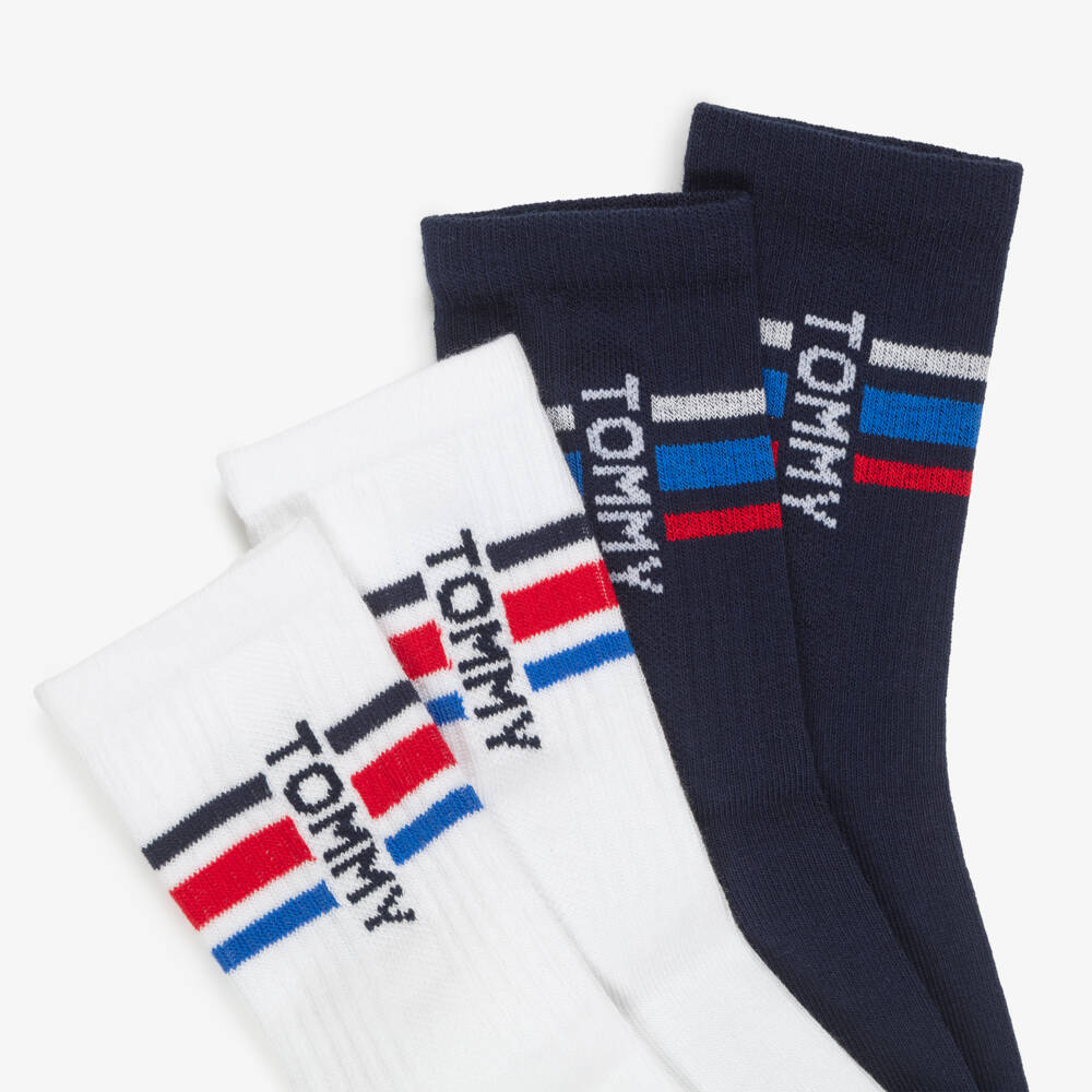Tommy Hilfiger-Boys Blue & White Ankle-Length Socks with Logos (2 Pack) | Childrensalon