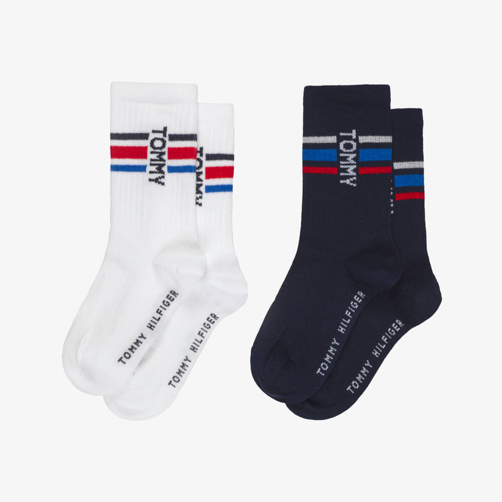 Tommy Hilfiger-Boys Blue & White Ankle-Length Socks with Logos (2 Pack) | Childrensalon