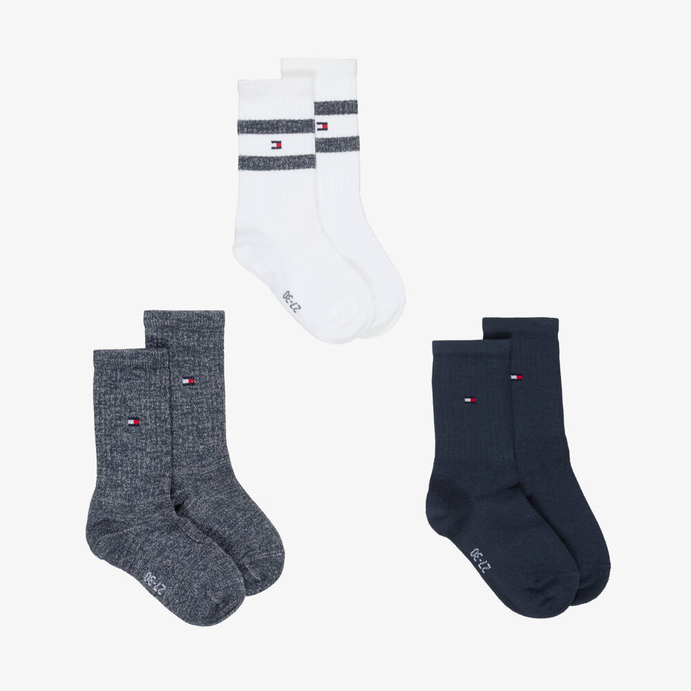 Tommy Hilfiger-Boys Blue & White Cotton Ankle Socks (3 Pack) | Childrensalon