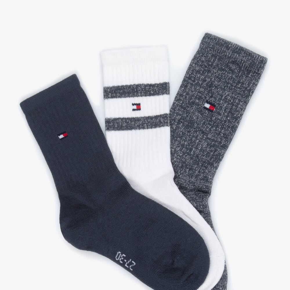 Tommy Hilfiger-Boys Blue & White Cotton Ankle Socks (3 Pack) | Childrensalon