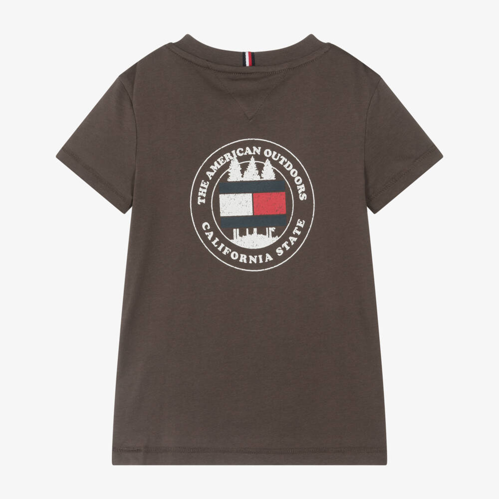 Tommy Hilfiger-Boys Brown Cotton T-Shirt with Circular Logo Print | Childrensalon