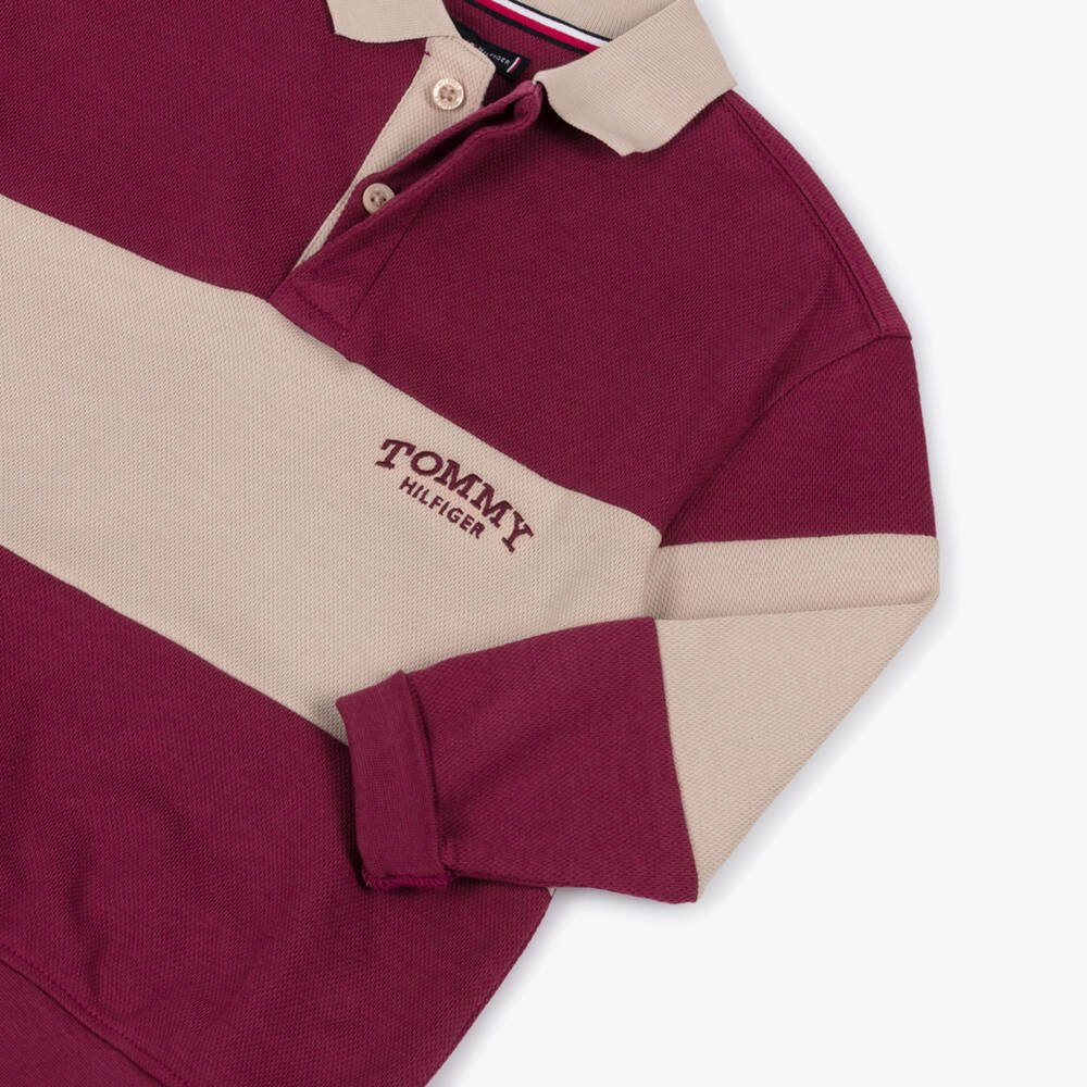 Tommy Hilfiger-Boys Burgundy Red & Beige Striped Polo Shirt | Childrensalon