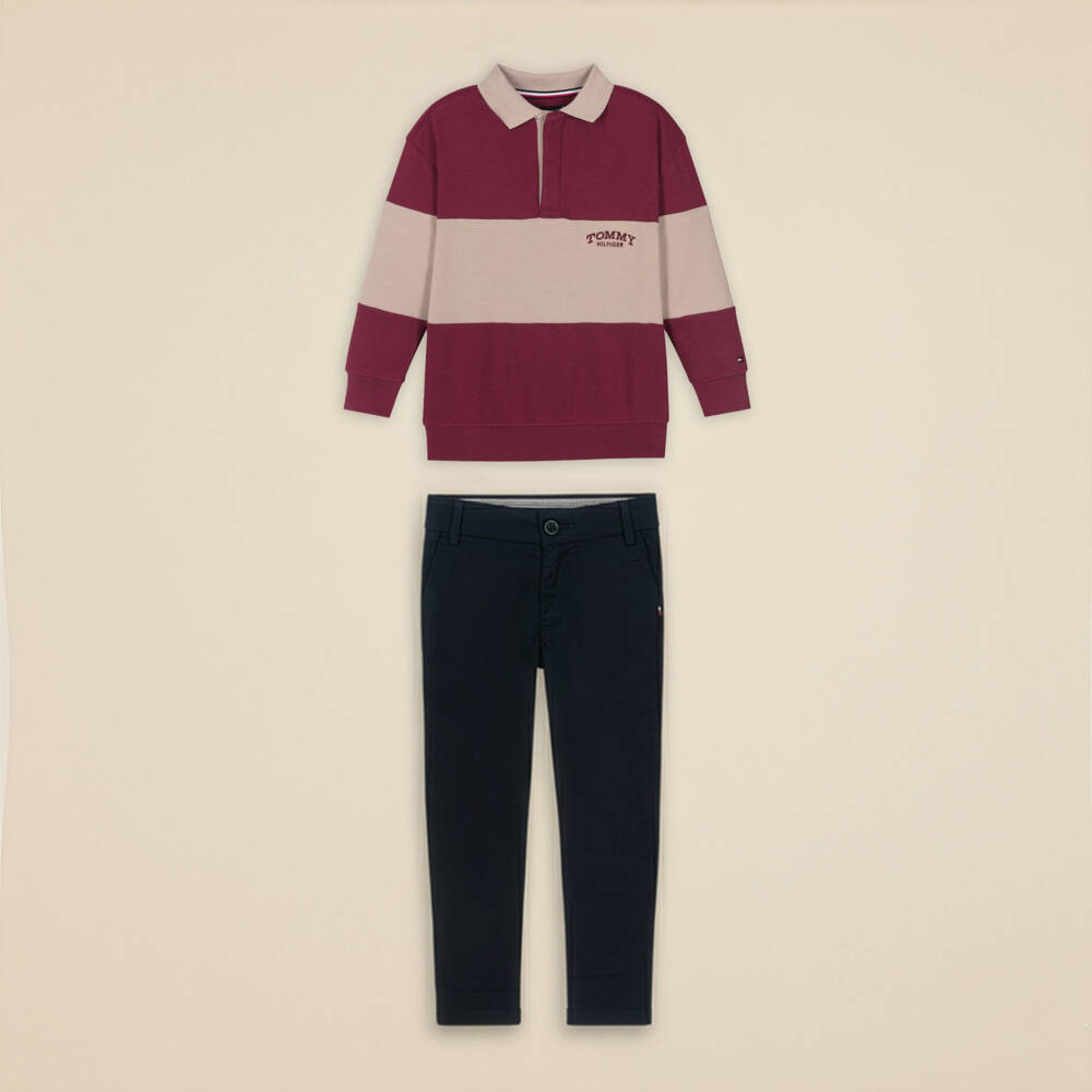 Tommy Hilfiger-Boys Burgundy Red & Beige Striped Polo Shirt | Childrensalon